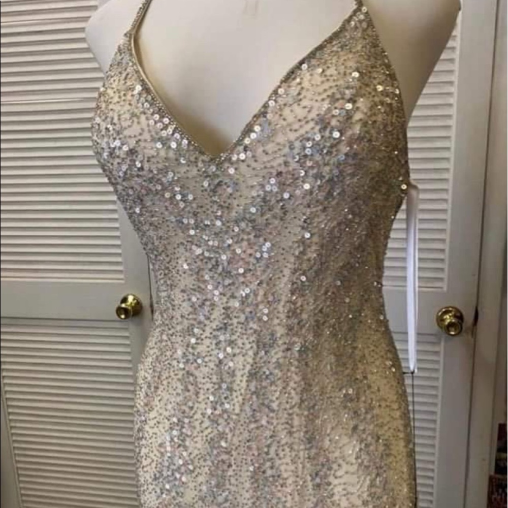 New-Primavera Couture Blush gold woman's halter gown. Brand new